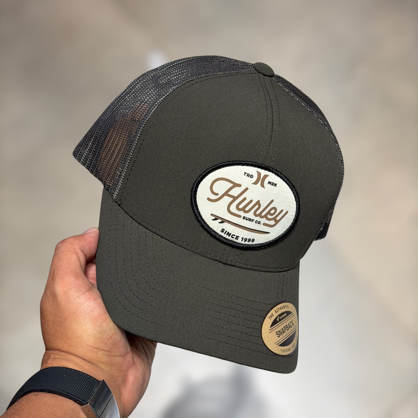 Hurley trucker grey cursive font