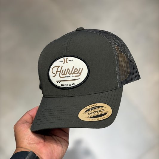 Hurley trucker grey cursive font