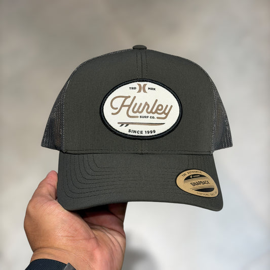 Hurley trucker grey cursive font